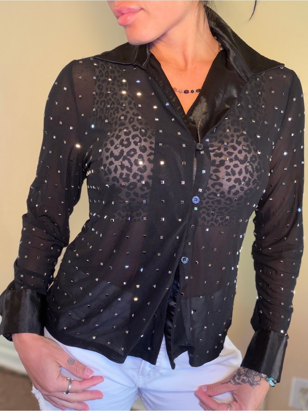 Black Sheer Button-Up Top with Bling Stud Detail